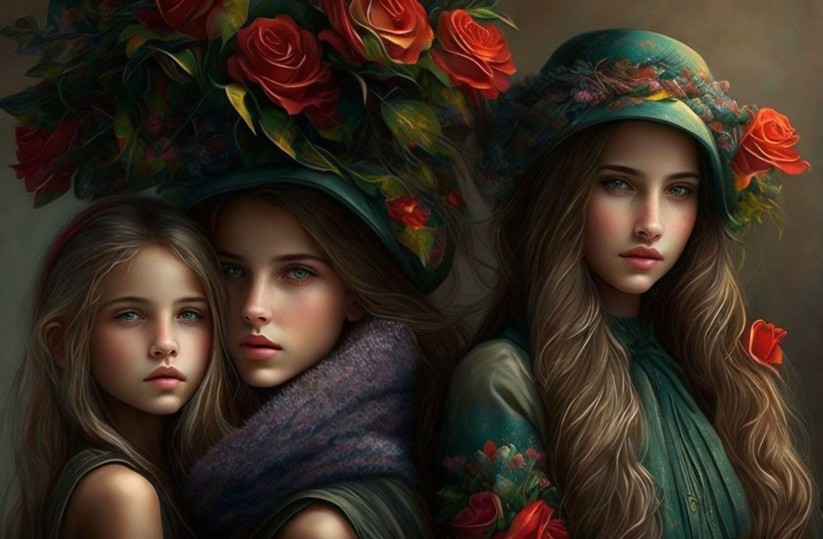 Three women wearing floral hats and scarves, surrounded by vibrant roses in a dim setting