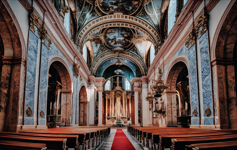 Ornate Baroque Church Interior with Red Carpet Aisle