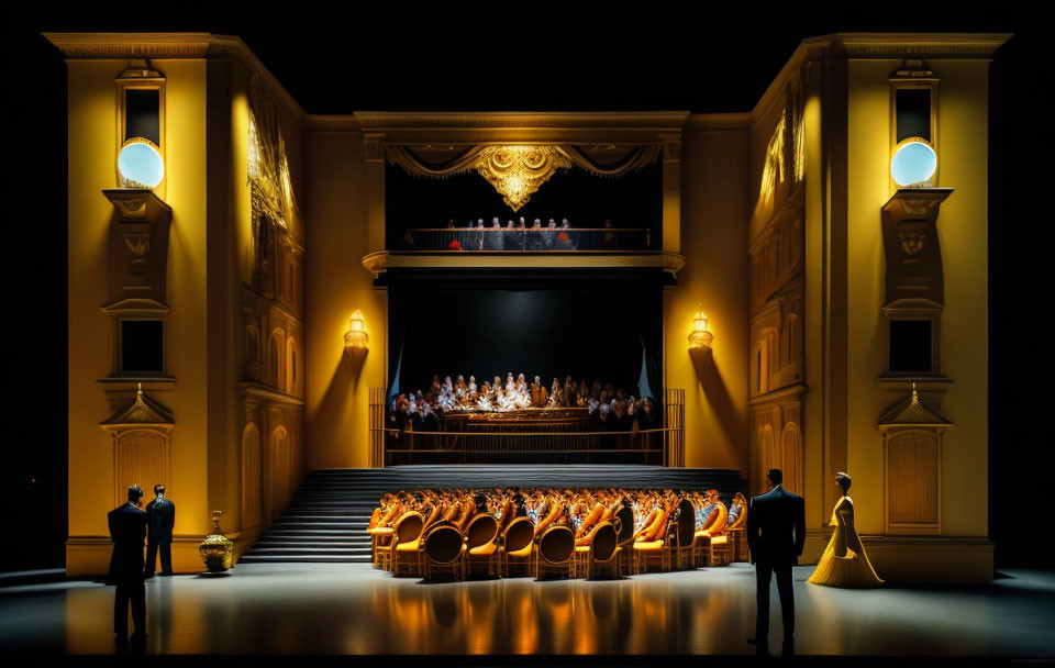 Classy theater scene with stage, orchestra, formal attire, and audience.