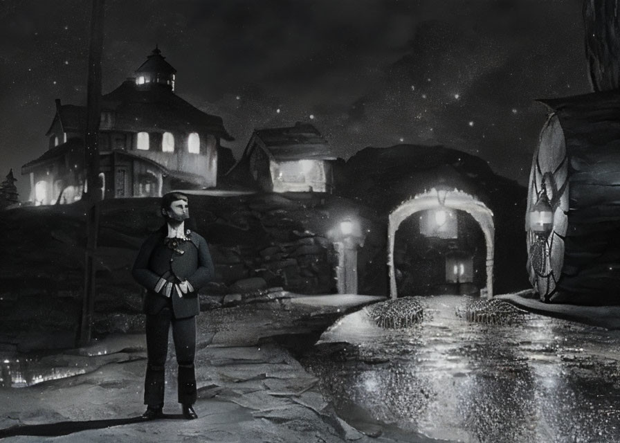 Military-style jacket man near misty bridge at night with lighthouse.