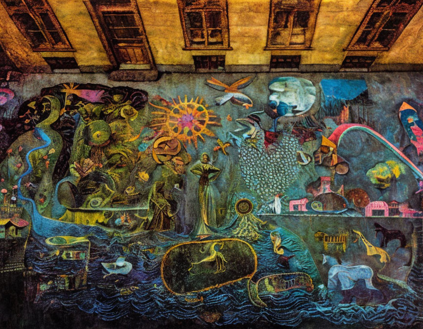 Colorful surreal mural featuring celestial bodies, human figures, aquatic themes, and whimsical creatures.