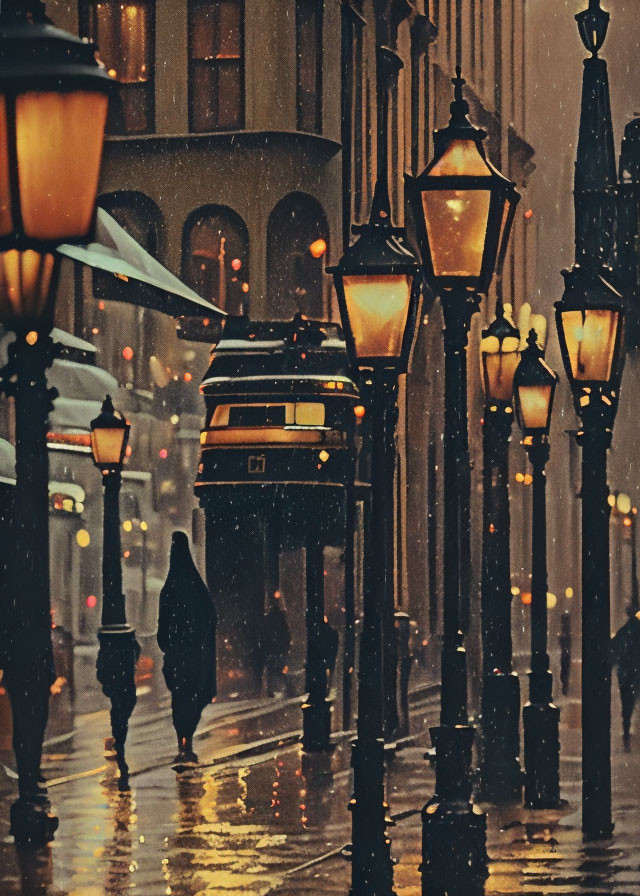 Glowing street lamps on rainy urban street with silhouette and tram in nostalgic scene