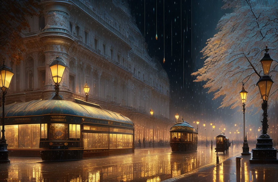 Night scene: Classic tram, street lamps, falling snow, elegant buildings.