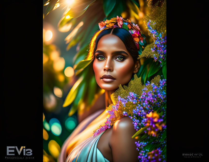 Woman with Striking Makeup and Floral Headpiece Among Vibrant Flowers