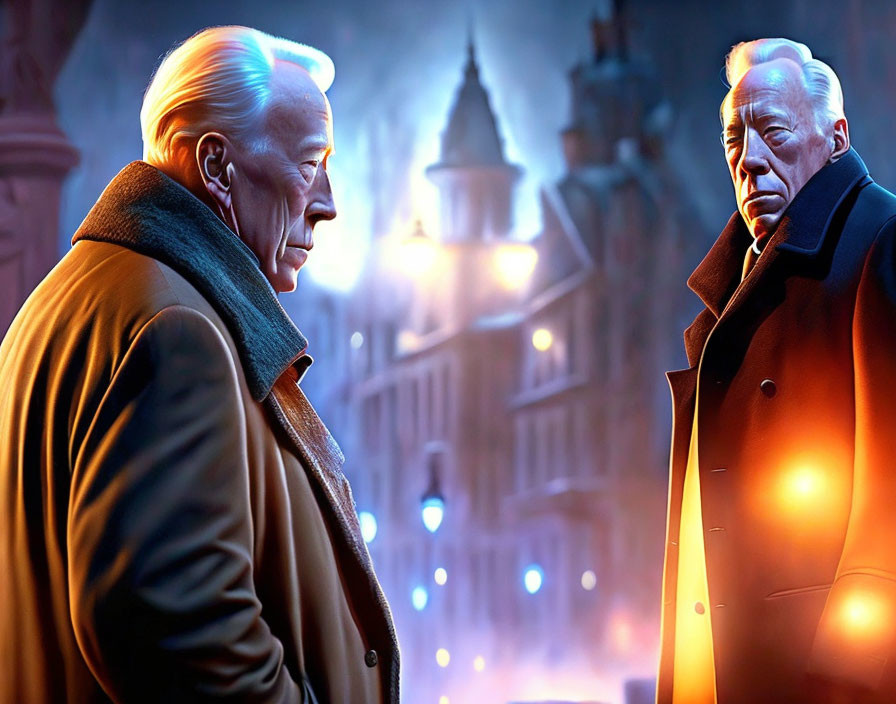 Elderly animated gentlemen in foggy street-lit night