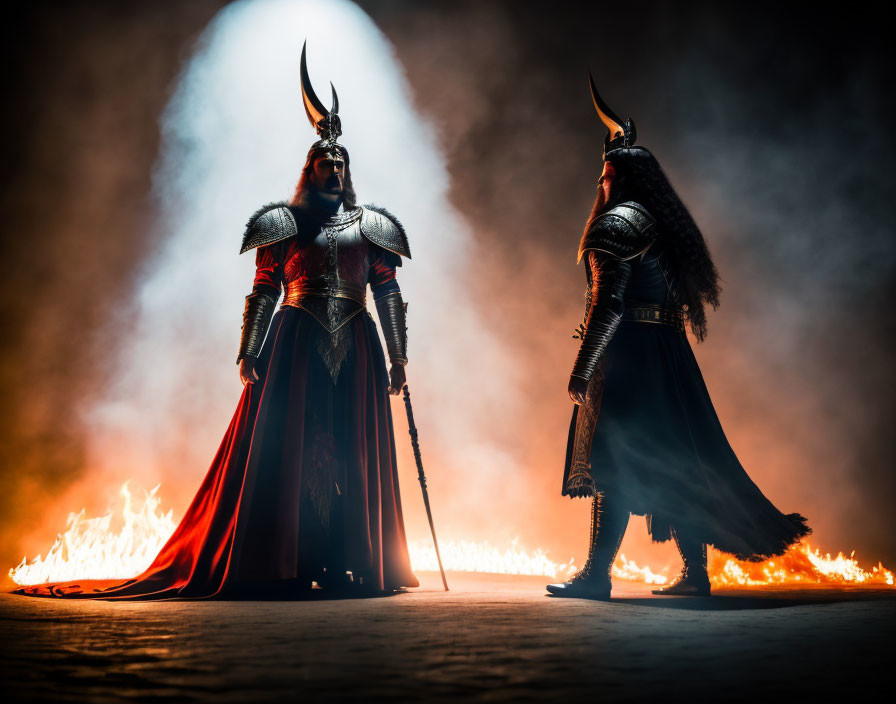 Elaborate Viking warrior costumes facing each other amid flames