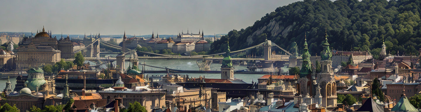 Historic cityscape with river bridges, European architecture, and lush hills