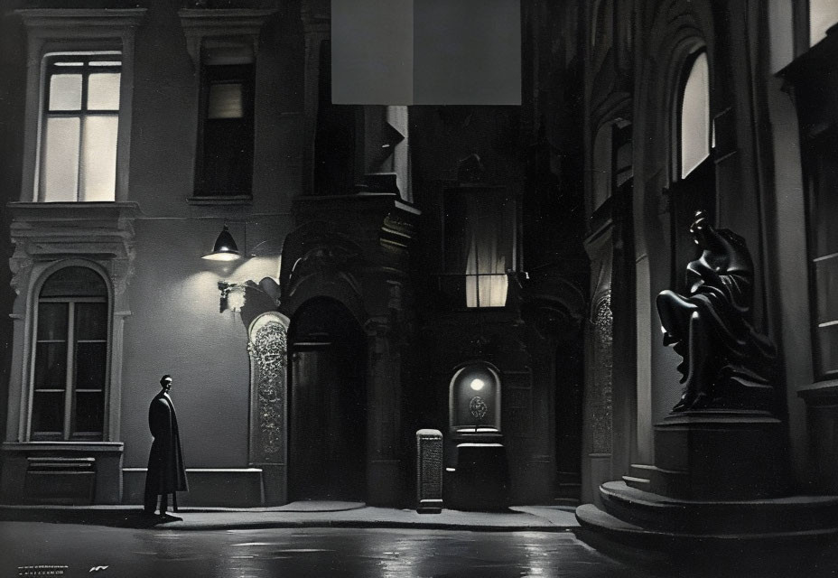 Monochrome urban alleyway scene with lone figure and streetlamp