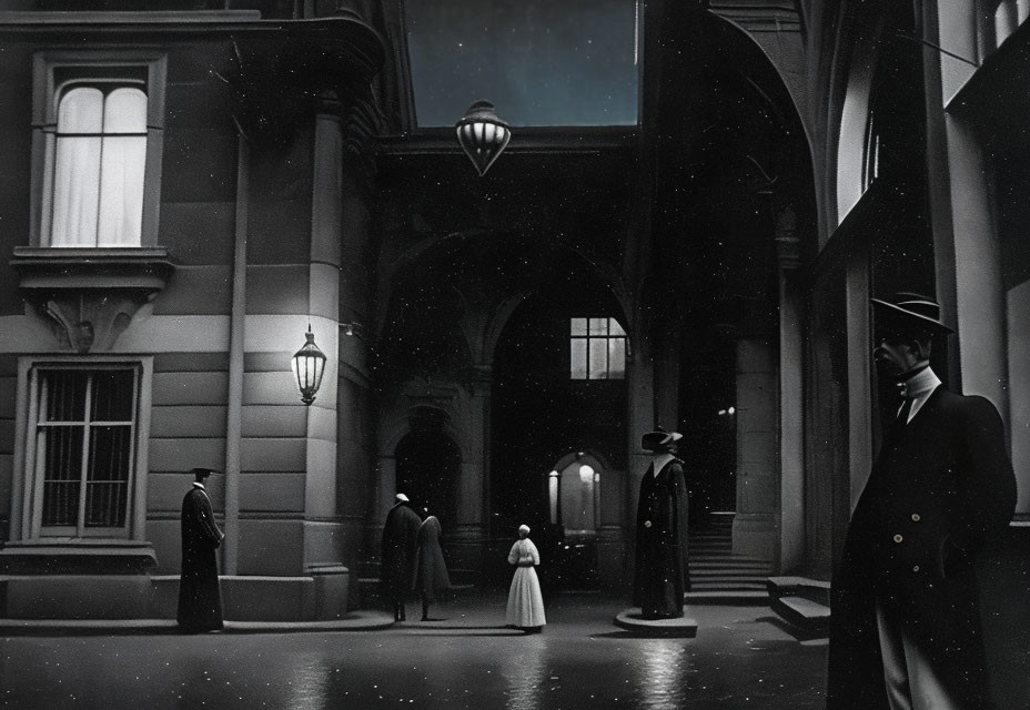 Monochrome night scene: people in period attire outside grand building with vintage street lamps and snow.