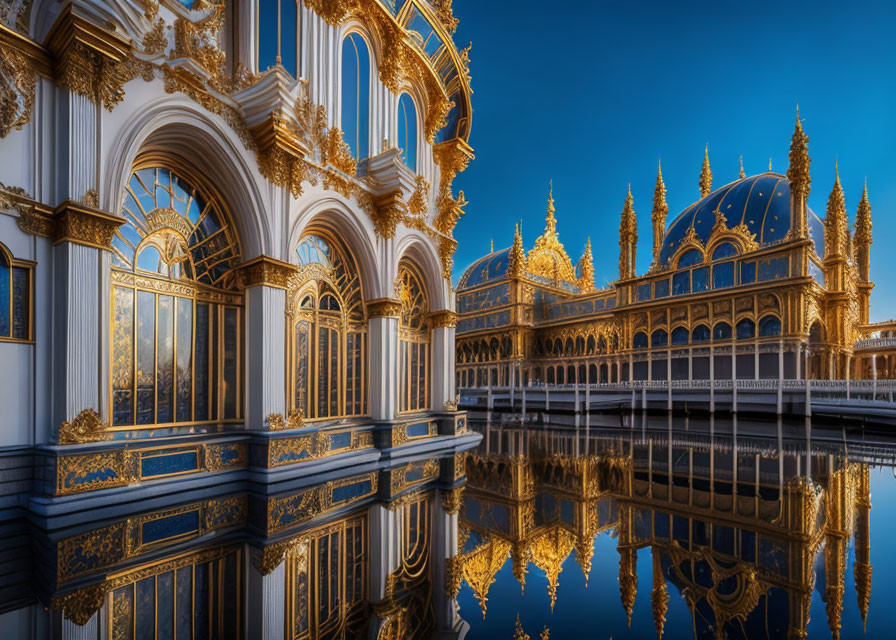 Luxurious Golden and Blue Palace with Elaborate Architecture by Calm Water