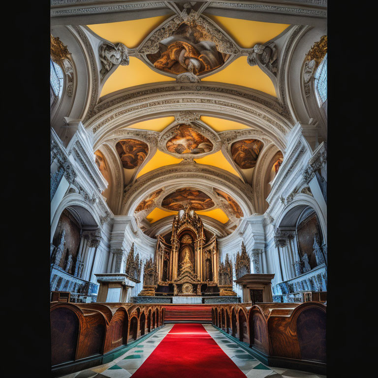 Ornate Church Interior with Red Carpet Aisle & Golden Frescoes