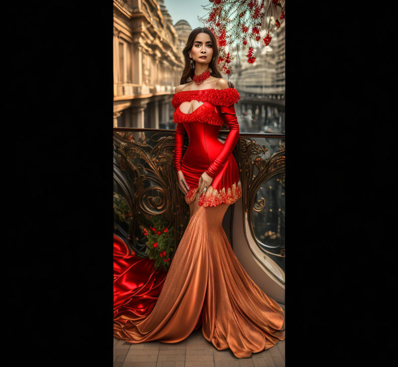 Woman in red & gold mermaid dress on balcony with red-decorated tree