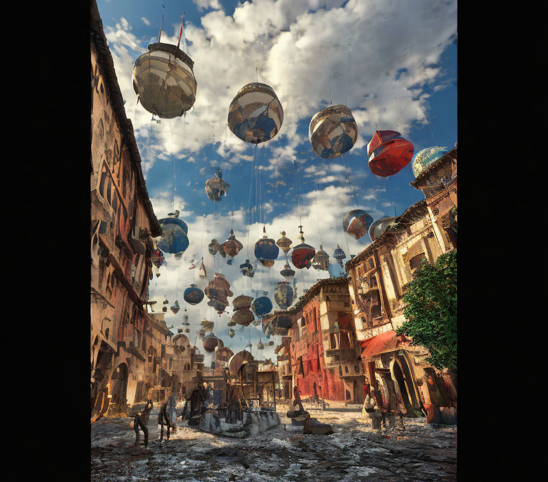 Fantasy cityscape with hot air balloons and people in square