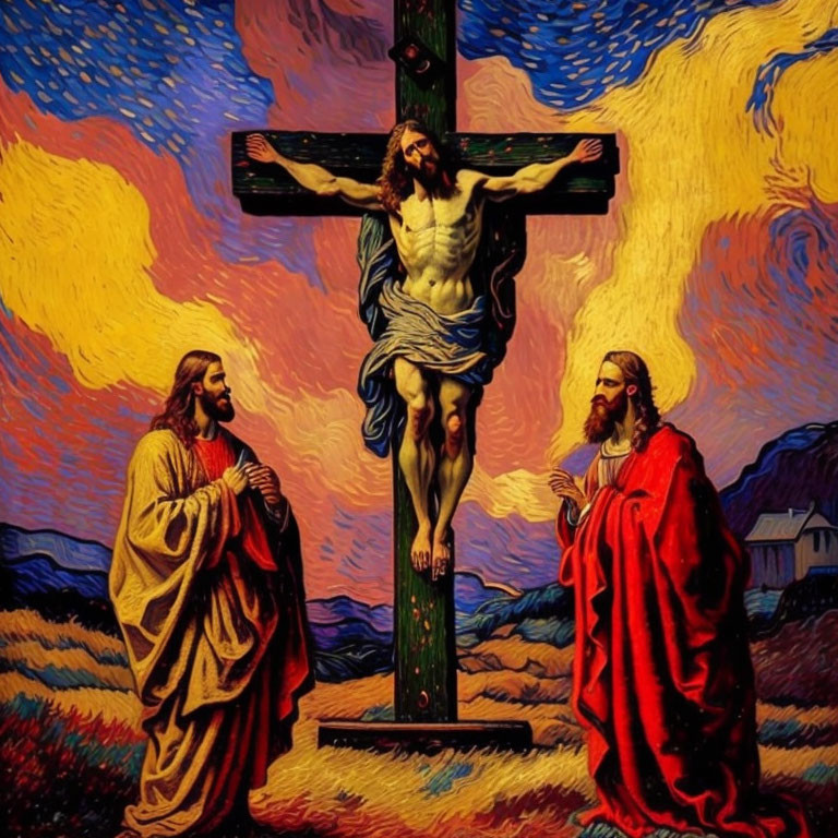 Religious painting of Jesus on the cross with two figures under a vibrant sky