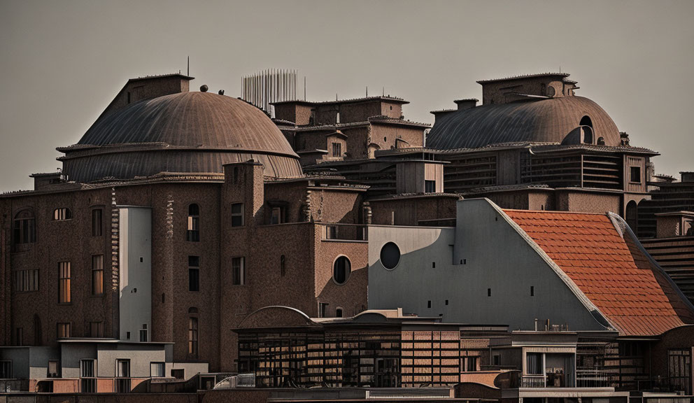 Sepia-Toned Dome-Topped Buildings Against Hazy Sky