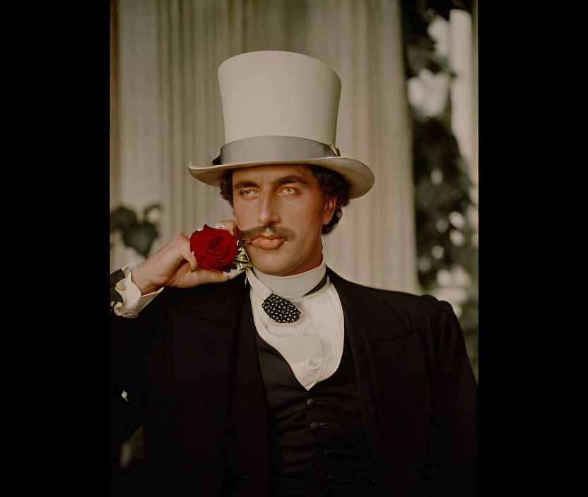 Formal attire with top hat and rose symbolizing classic elegance