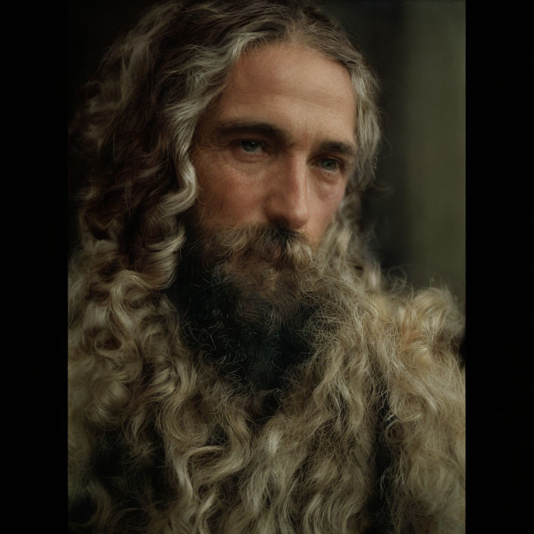 Portrait of man with long gray hair and full beard against dark background