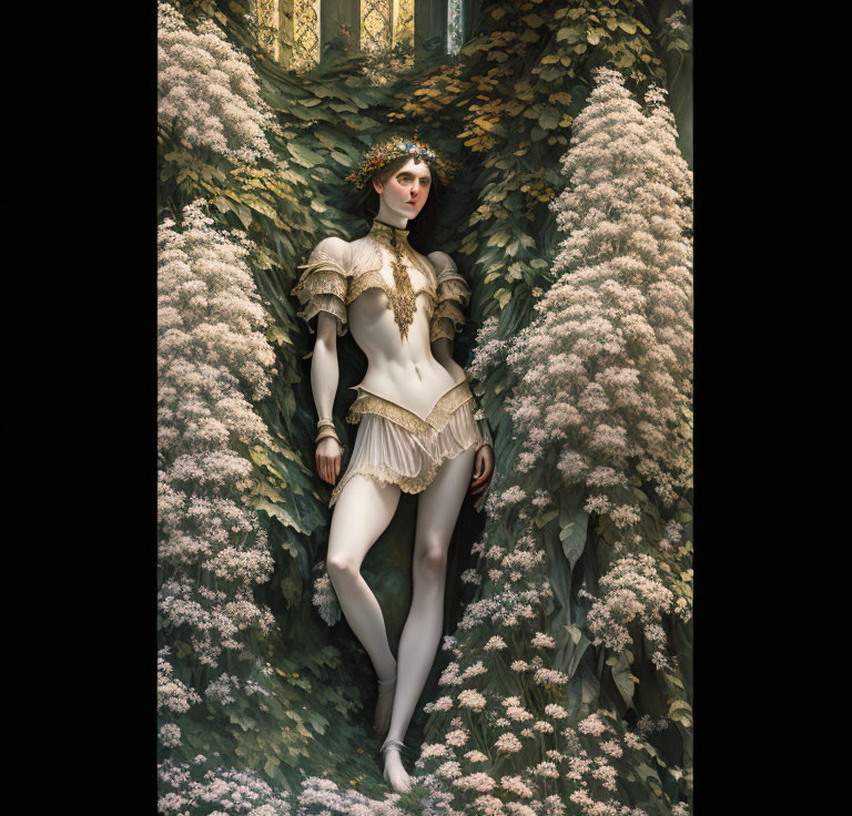 Elaborate white and gold costume woman in lush green foliage