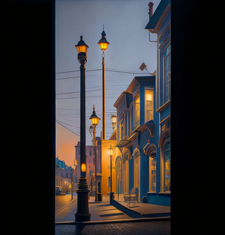 Tranquil dusk scene: old-town street with glowing lamps, blue houses, clear sky.