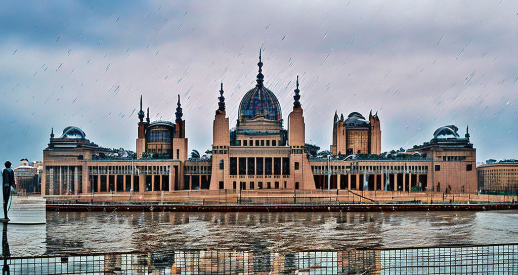 Grand domed building across water on rainy day with rain streaks and overcast skies.