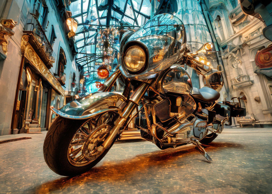 Chrome-detailed motorcycle on cobblestone street with glass ceiling and vintage buildings under warm hanging lights.