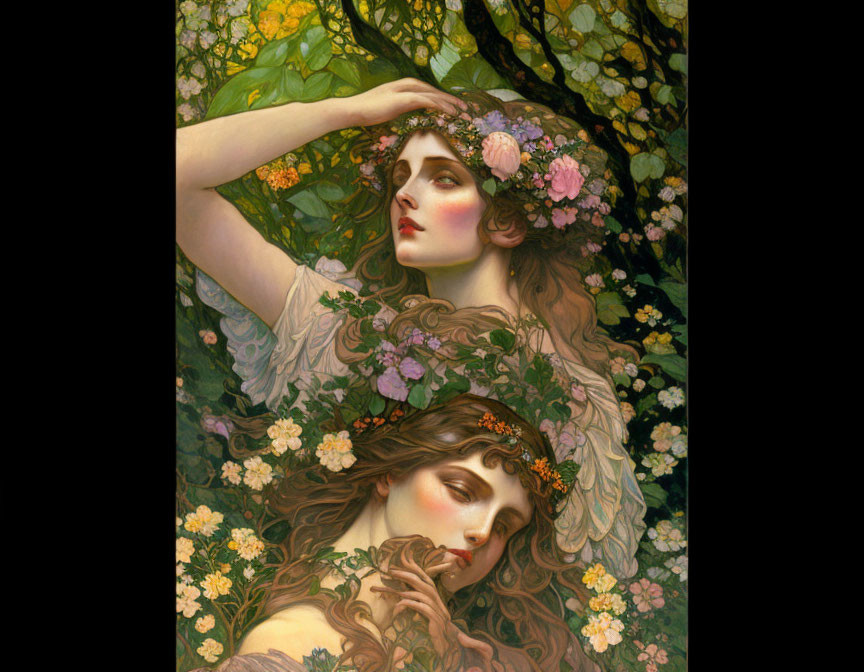 Two women in lush floral setting, one with crown, one gazing up, other serene.