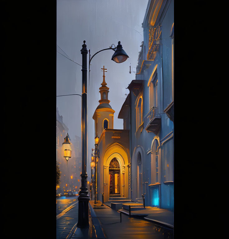 Rainy evening scene: street with glowing lamps, elegant church with gold-trimmed entrance and cross