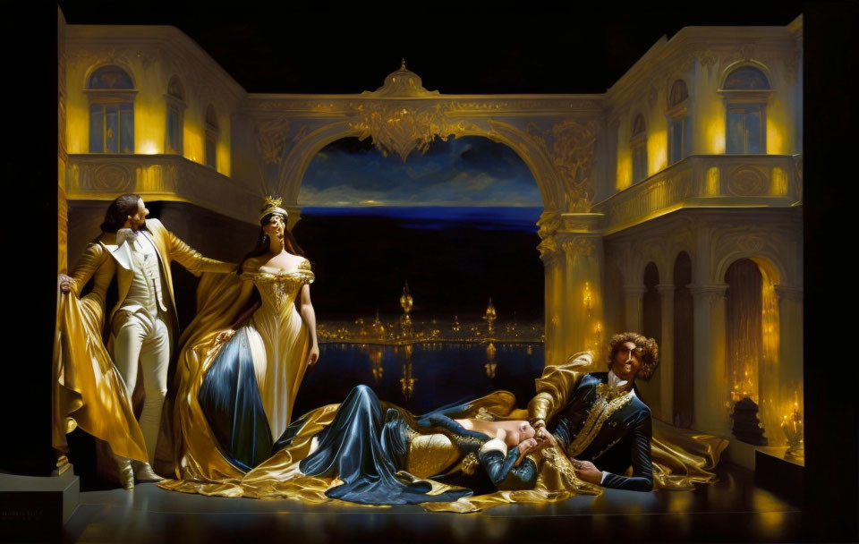 Regal figures in ornate hall with night cityscape view