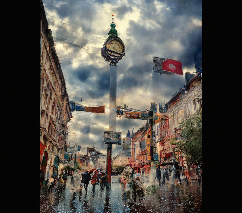 Composite cityscape with street clock, flags, pedestrians, and dramatic sky.