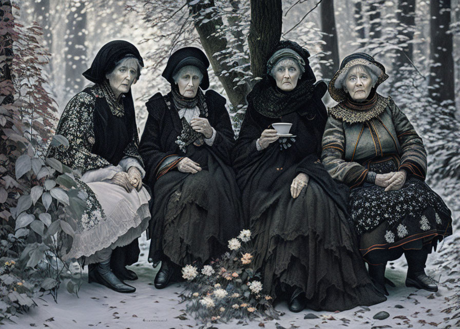 Elderly women in black attire in snowy forest conversation