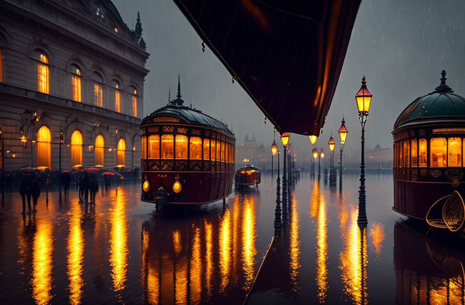 Rainy Evening Scene: People with Umbrellas, Vintage Trams, Glowing Street Lamps on