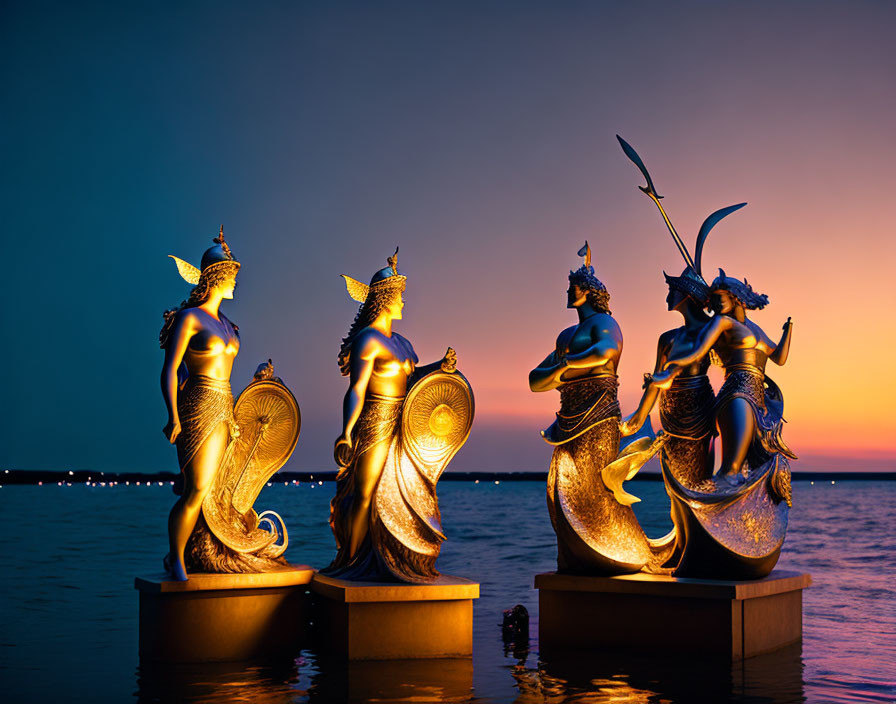 Golden mermaid statues with traditional headgear in water at sunset