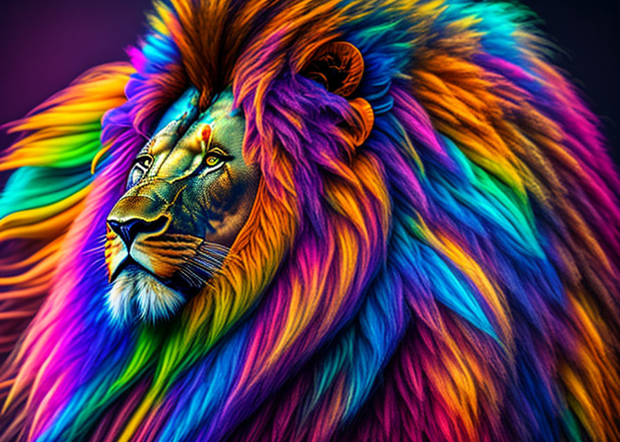 Colorful lion head digital artwork on dark background