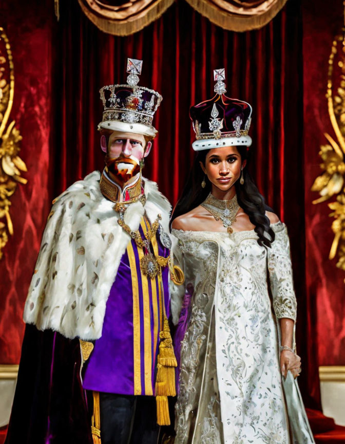 Royal couple wax figures in ceremonial attire on red backdrop