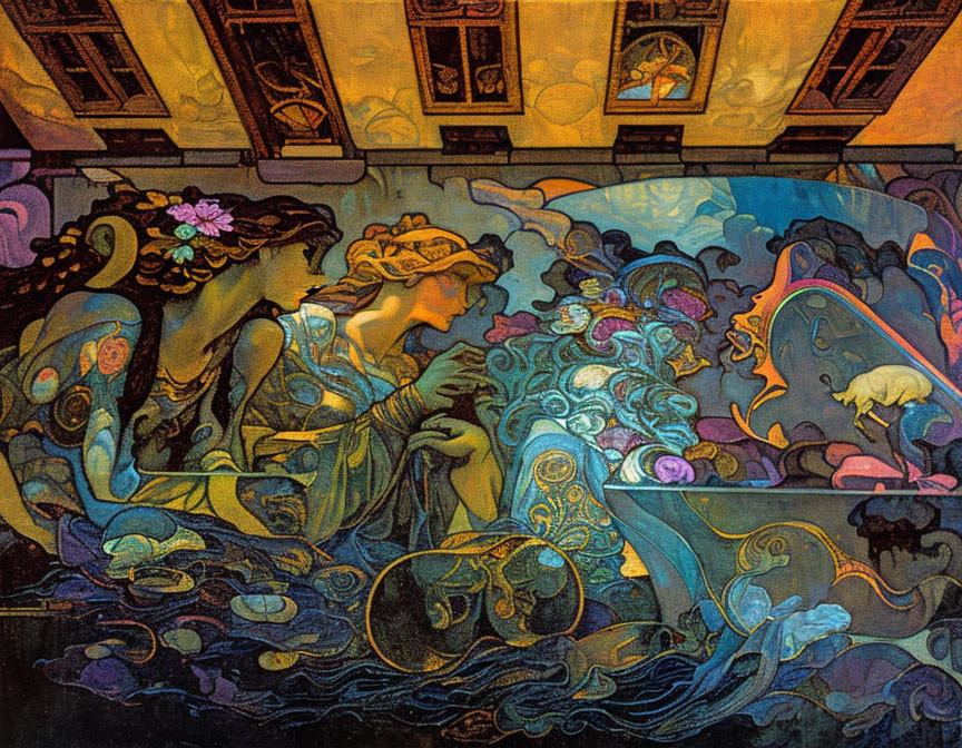 Art Nouveau style illustration of ethereal women by water with swirling waves and vibrant colors