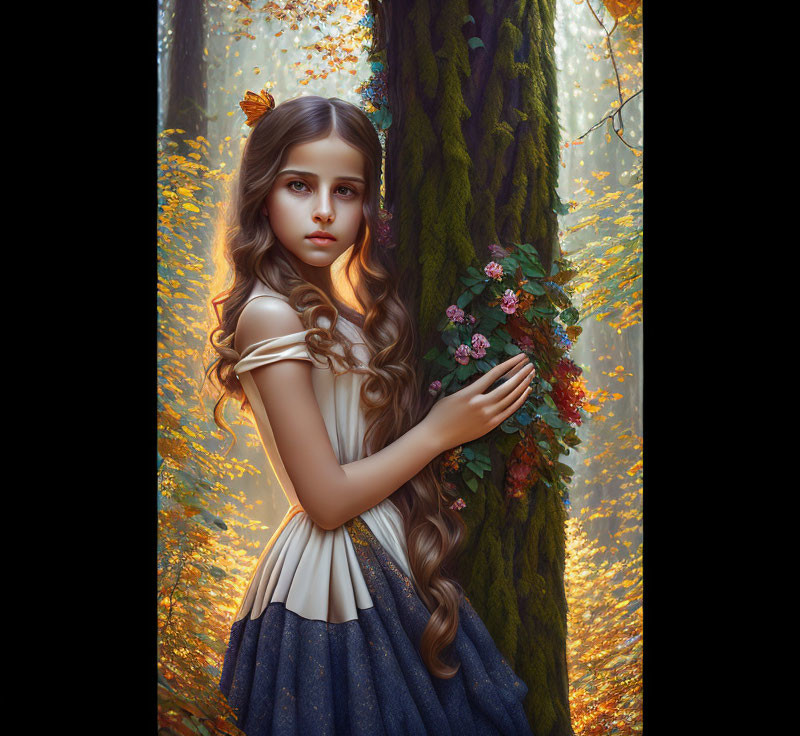 Young girl with long brown hair in autumn forest beside mossy tree holding pink flower vine