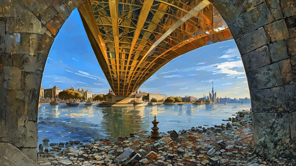 Yellow Framework Bridge Over Riverbank with Skyline View