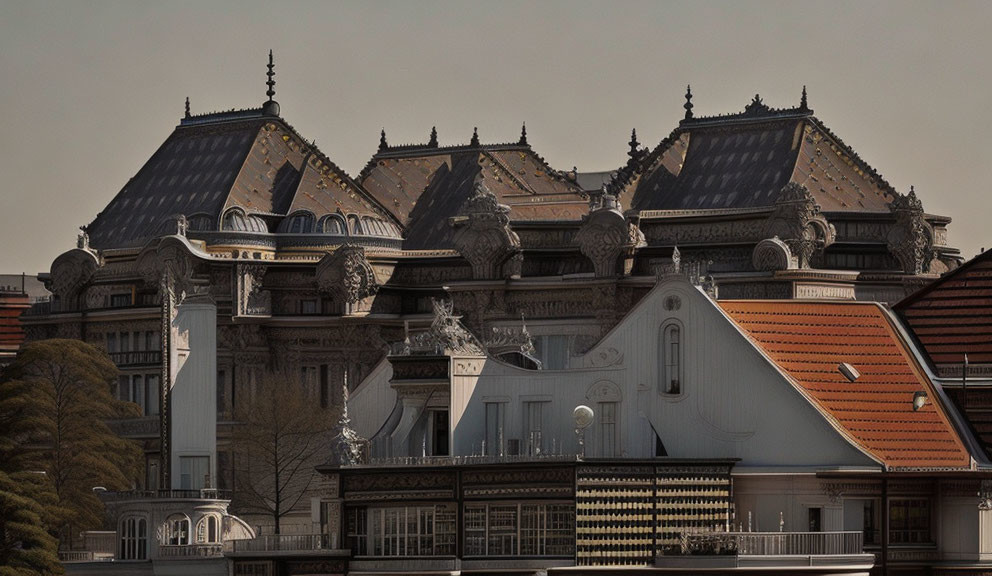 Ornate European-style buildings under hazy sky