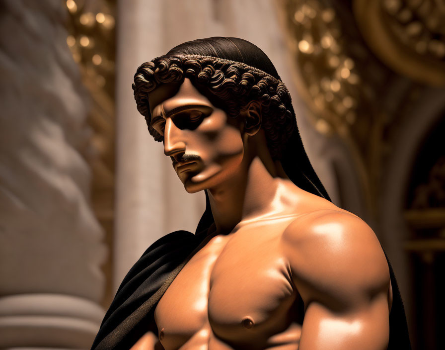 Muscular male bronze sculpture with curly hair and draped cloth on blurred golden background