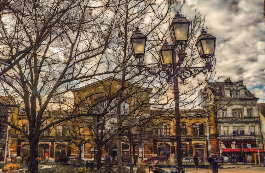 Vintage-style photo of serene public square with trees, street lamp, and European architecture.