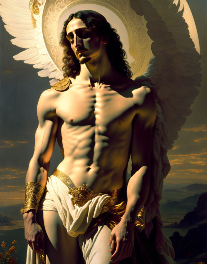 Muscular angel with large wings in gold and white attire against dramatic sky