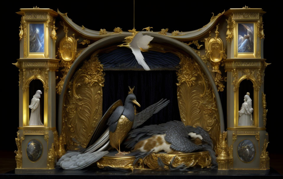 Golden theater stage with peacock, flying bird, and statues on niches.