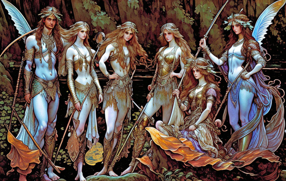 Ethereal elven characters in ornate clothing with wings in mystical forest