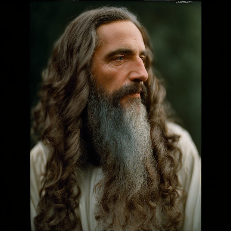 Man with Long Wavy Hair and Full Beard Against Blurry Green Background