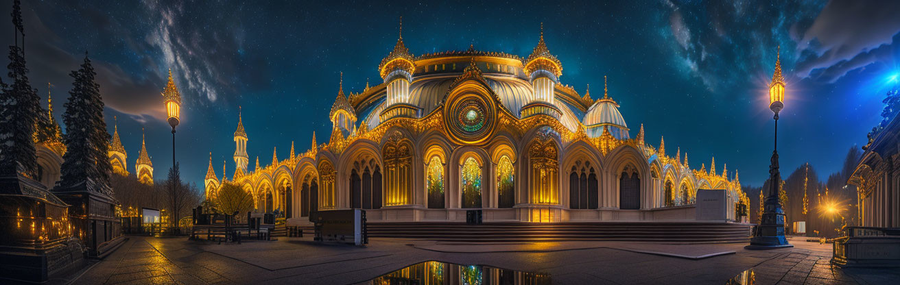 Ornate Gothic building illuminated at night with starry sky