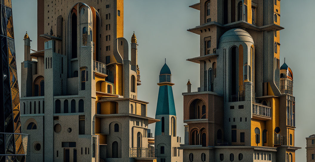 Ornate castle-like towers with rounded domes and intricate balconies in warm sunlight