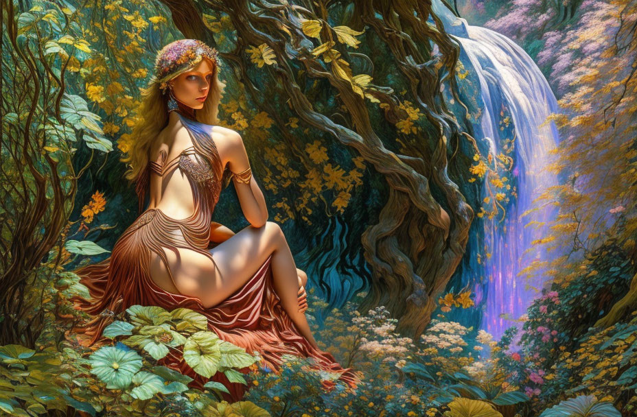 Mystical woman in flowing dress by lush waterfall in vibrant forest