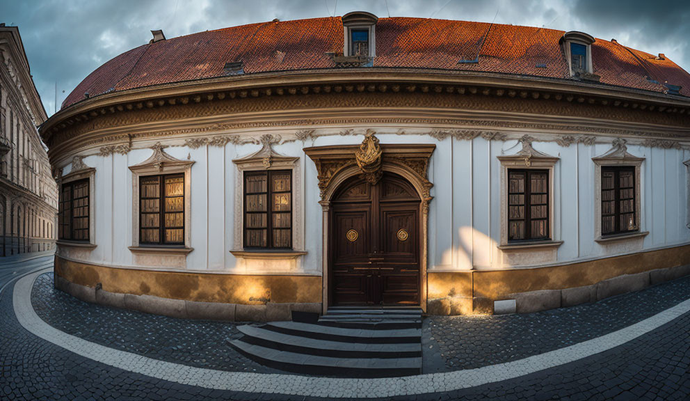 Historic curved building with grand door and orange roof in warm sunset light