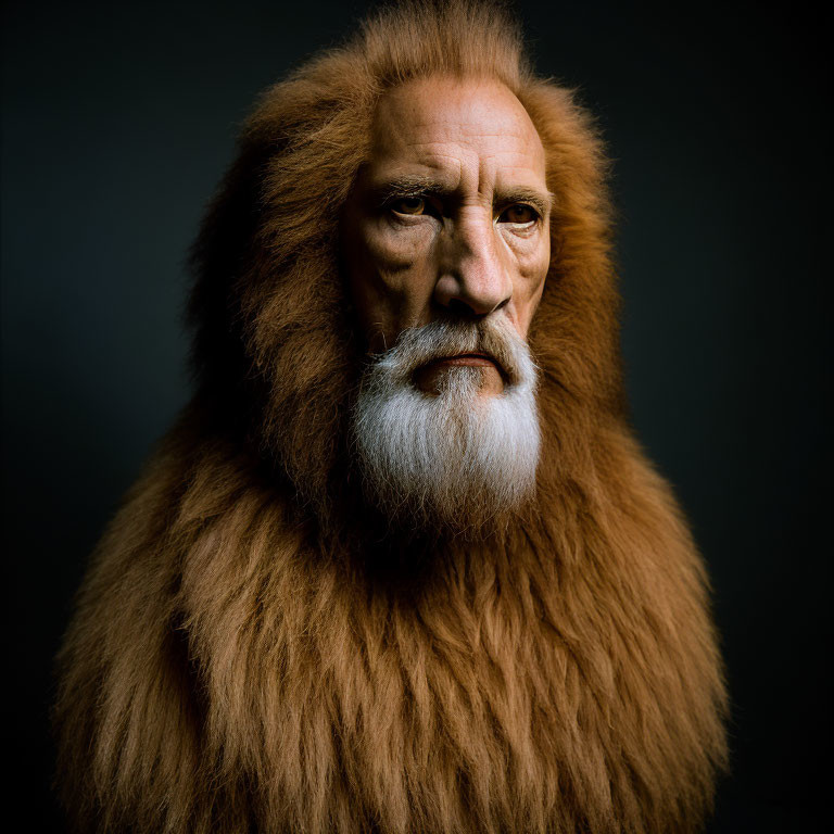 Surreal portrait of person with lion's mane in contemplation