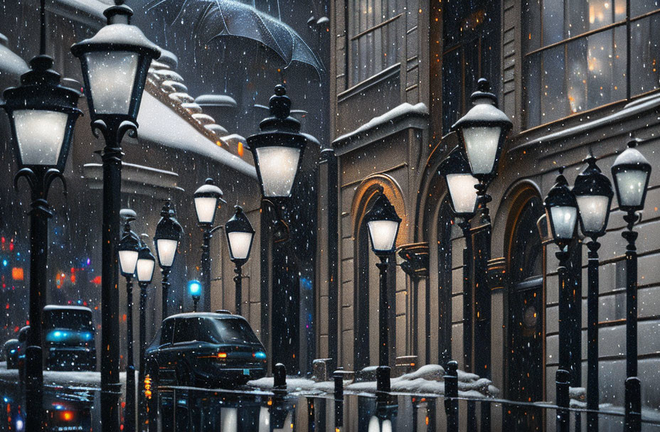 City street covered in snow at night with warm streetlamp light, car, and distant umbrella.